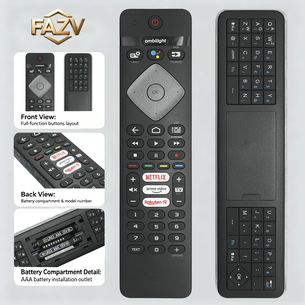 FAZV Voice Remote for Philips 398GM10BEPHN0042HT YKF463-B010 OLED Smart TV with Keyboard on Back