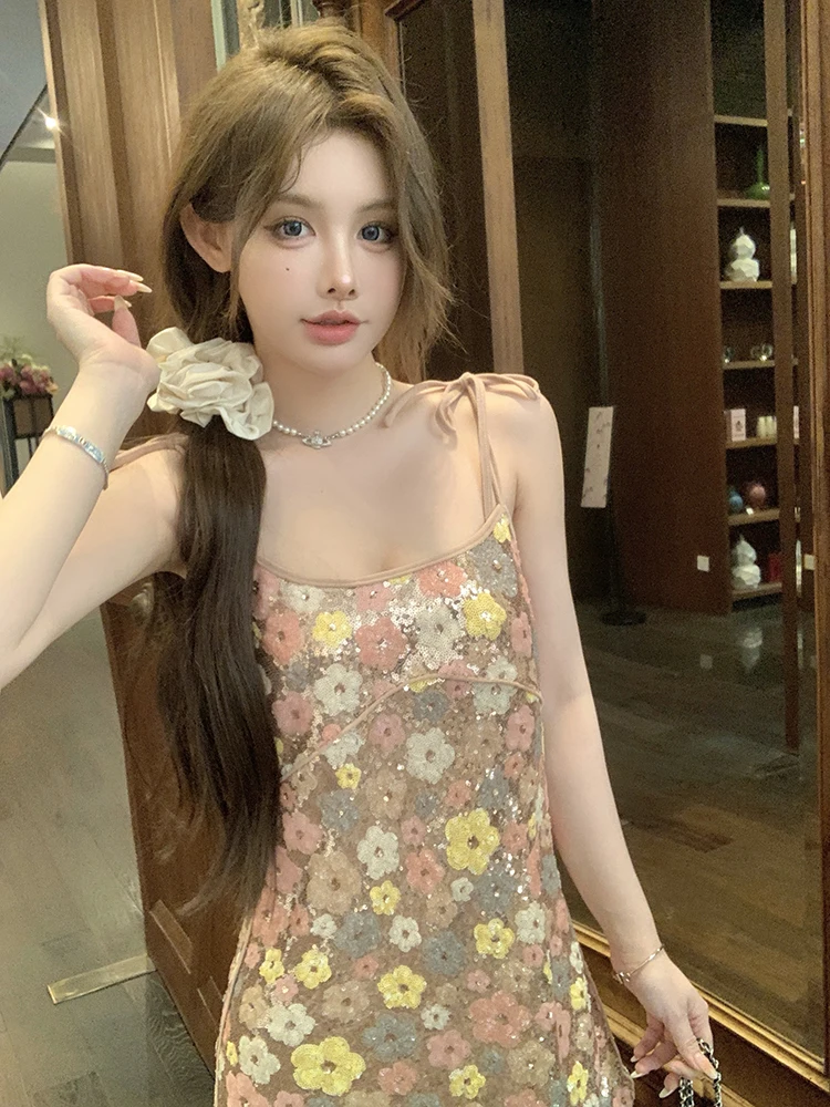 2024 Summer New Collection Sleeveless Sequins Floral Bandage Shoulder Strap Short Mini Dress Women