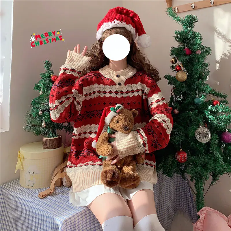 Red Christmas Sweaters Pullovers Women Loose Winter Clothes All-match Harajuku Kawaii Long Sleeve Full Femme O-neck Casual Chic