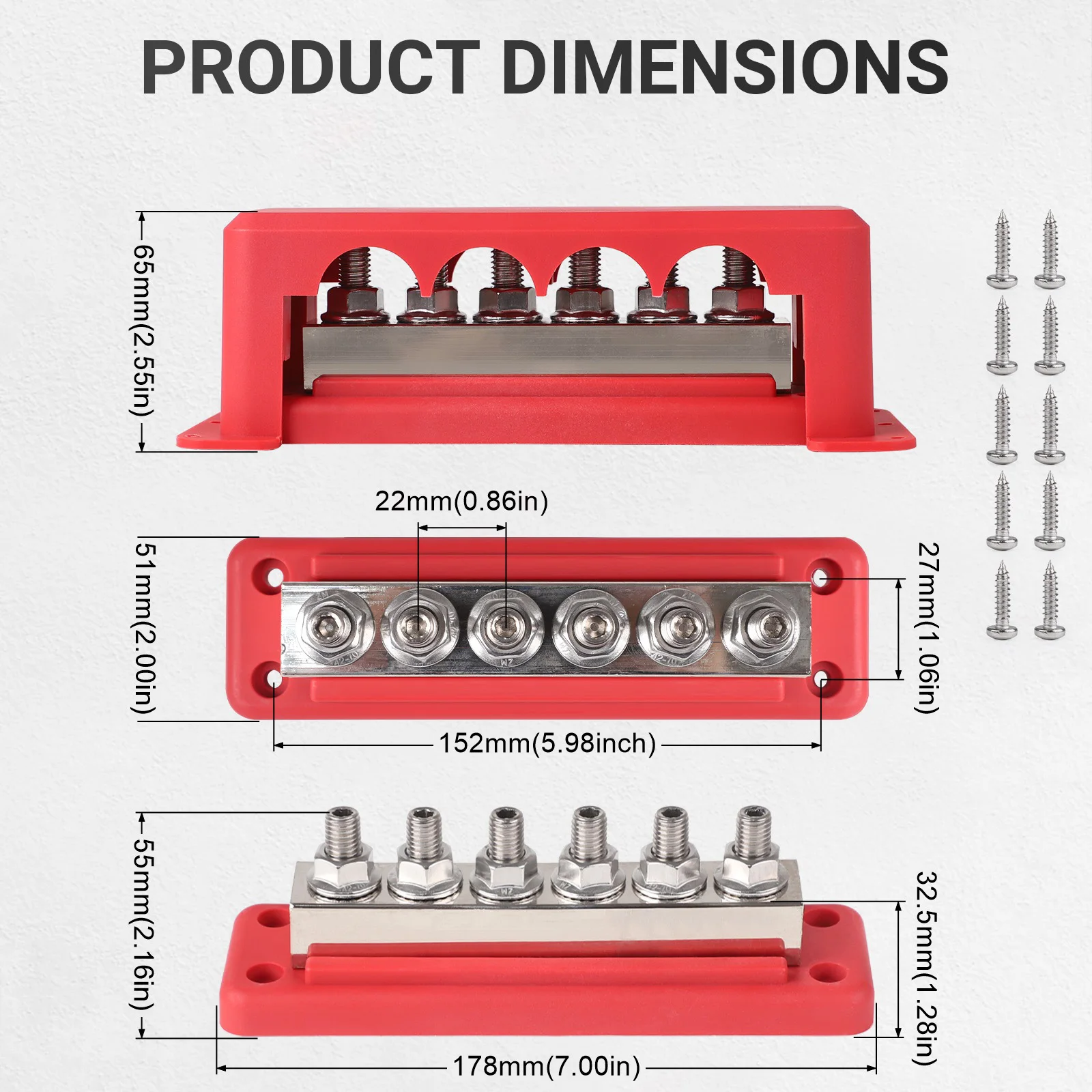 Red Black Copper Bus Bar Ground Distribution Block 12-48VDC With Cover For Caravan Truck Boat Car Camper RV 600A 6 Stud M10 3/8"
