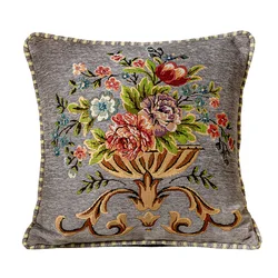 Luxury European Embroidered Floral Pillows Case Chenille Jacquard Cushions Case Edge Binding Decorative Pillows Livingroom Decor