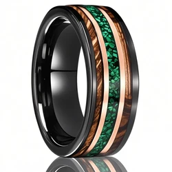 8mm Men's Tungsten Carbide Ring Inlaid Whiskey Barrel Wood and Green Opal Beautiful Wedding Ring Gift for Loved Ones