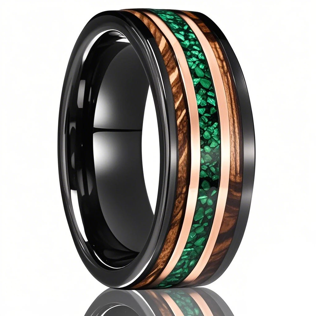 8mm Men's Tungsten Carbide Ring Inlaid Whiskey Barrel Wood and Green Opal Beautiful Wedding Ring Gift for Loved Ones