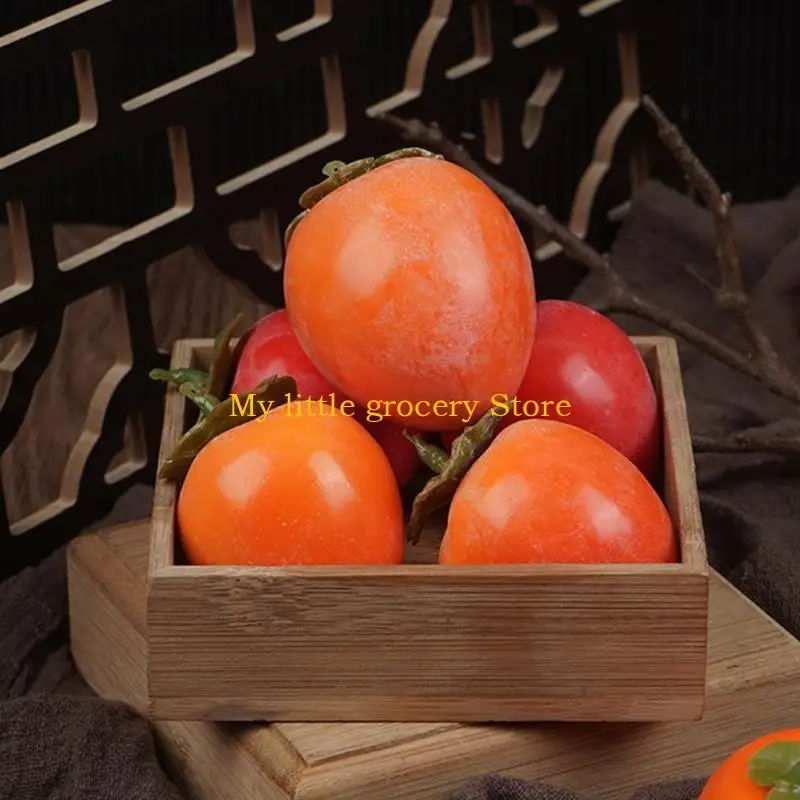 D5BD Artificial Persimmon Fruit Model Set of 4 for Fall Bowl Displays, Shelf Styling, Photo Scenes, and Seasonal Table