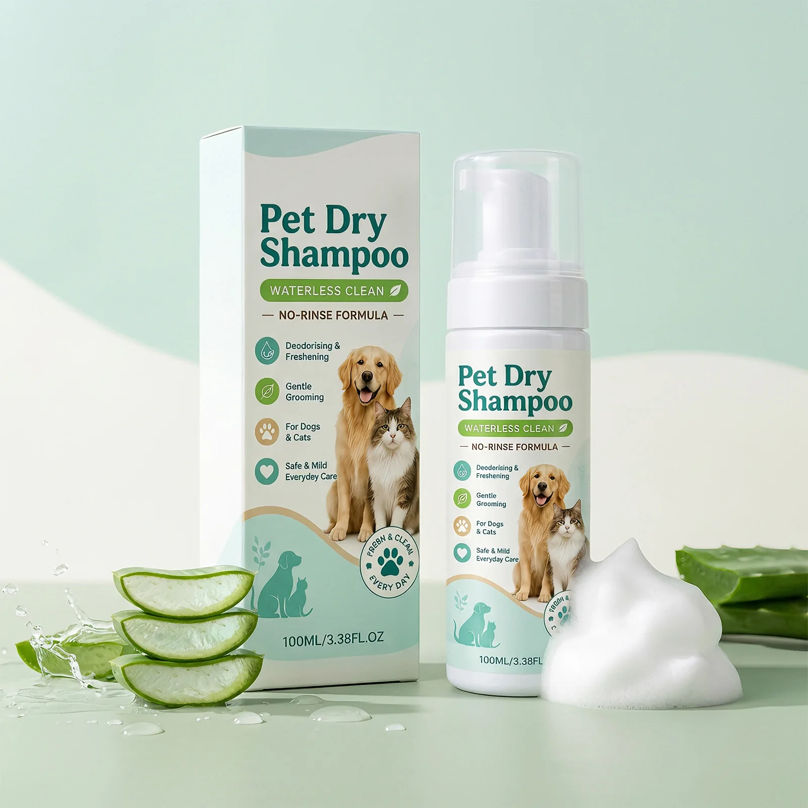 100ml No-Rinse Pet Shampoo Mousse-Convenient, Quick, Gentle, Hypoallergenic, Deodorizing, Refreshing, Suitable for Cats and Dogs