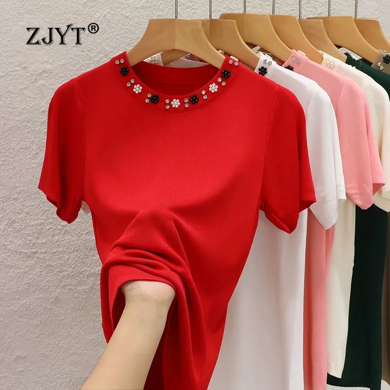

ZJYT Summer Beading Short Sleeve Sweaters for Women Knitted Tops Knitwears Pullovers Basics Jersey Mujer Korean Fashion 2024 New