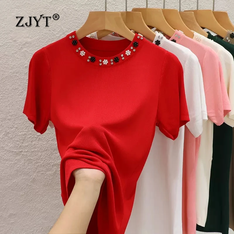 ZJYT Summer Beading Short Sleeve Sweaters for Women Knitted Tops Knitwears Pullovers Basics Jersey Mujer Korean Fashion 2024 New