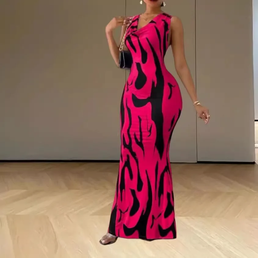 

Women Printed Dress 2025 Summer Sleeveless Splice Long Dresses Midi Waist Wrap Vestidos Elegant Office Lady Robe