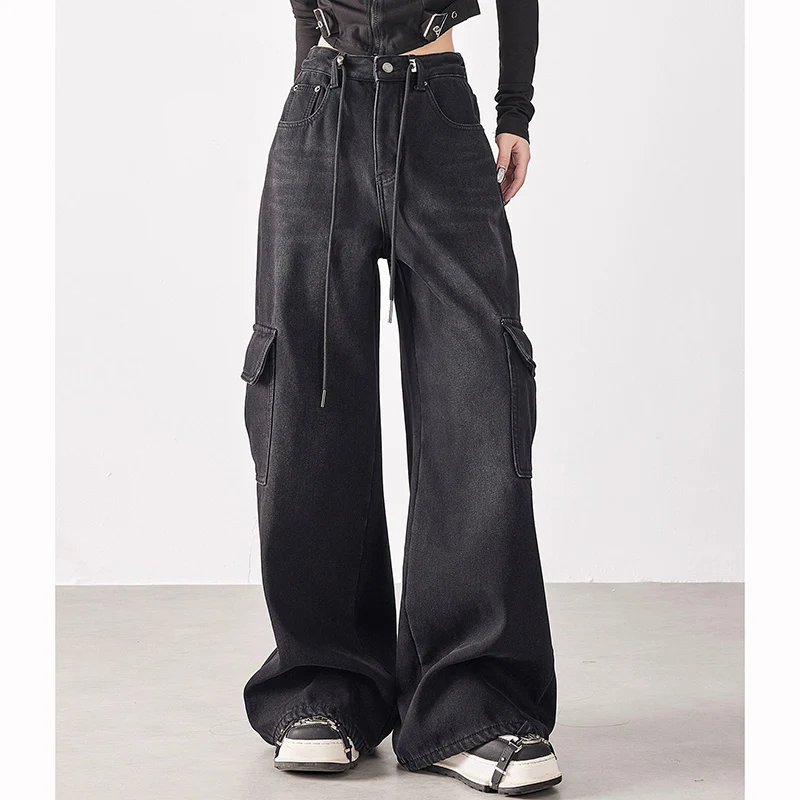 Girls Fashion Thin Solid Wide Leg Jeans Female High Waist Casual Loose Denim Pants Women Retro Classic Black Trousers