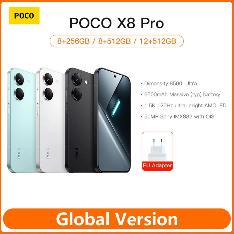 Xiaomi Mobile POCO X8 Pro Global Version Smartphone 6.59" 1.5K 120Hz AMOLED display 50MP Dimensity 8500-Ultra 6500mAh battery
