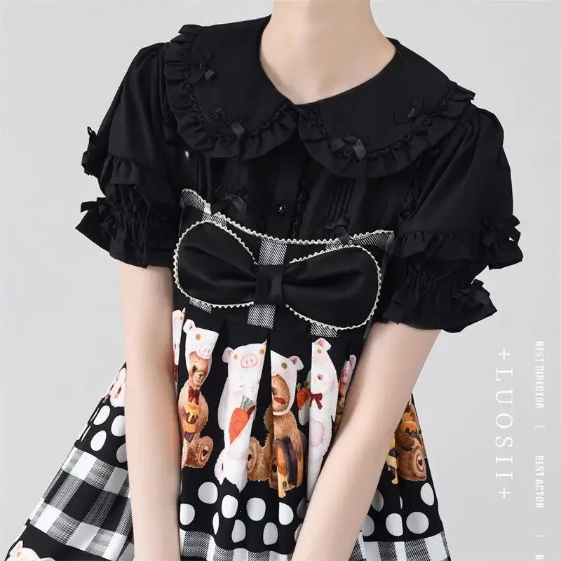 Gothic Y2k Lolita Short Sleeve Shirts Soft Girl Kwaii Peter Pan Collar Bowknot Tops Sweet Cute Clothing Victorian Vintage Blouse