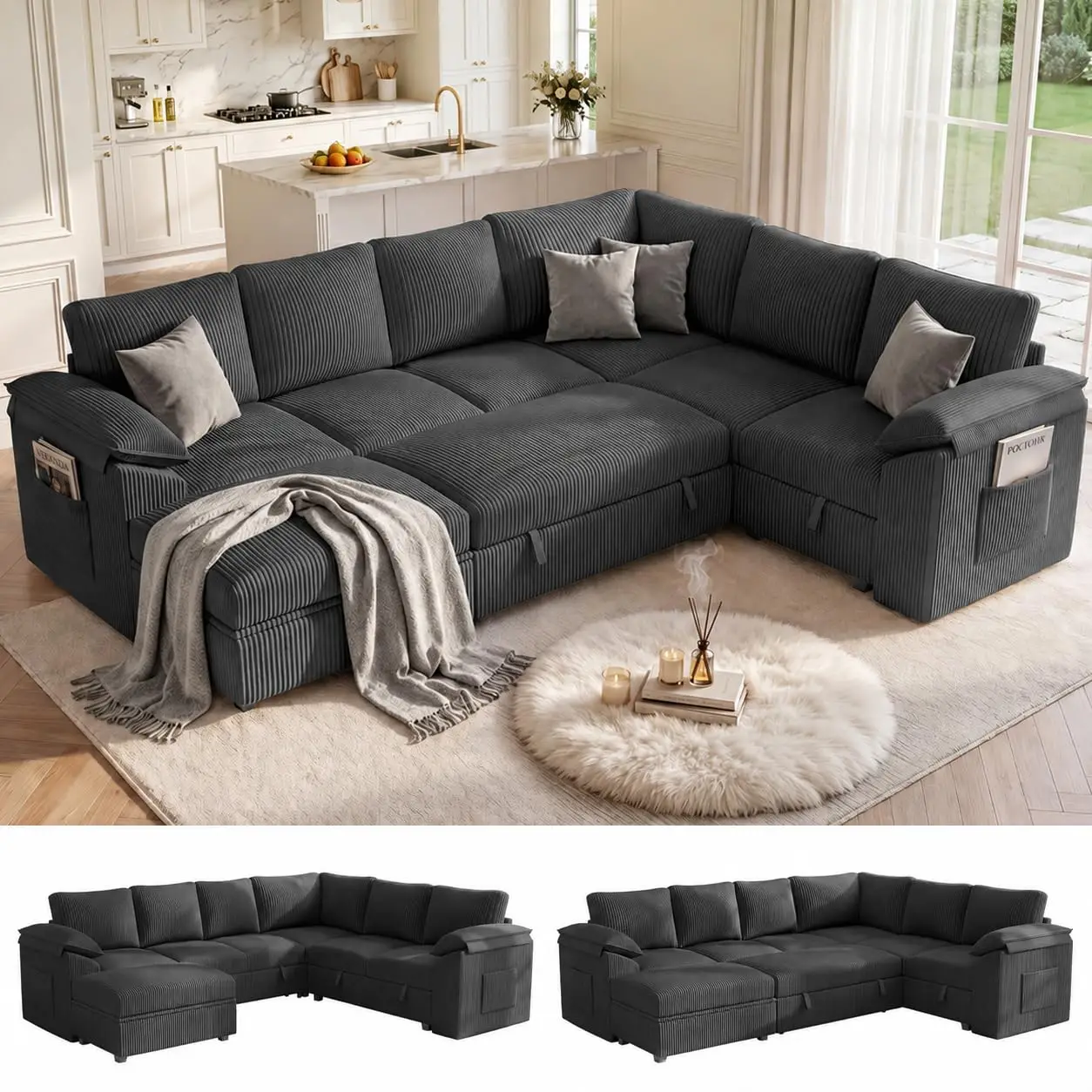 108 In L Shaped Modular Sectional Sofa Couch for Living Room, Dark Grey | Pull Out Sleeper Bed, 7 Seat Modular, Customized
