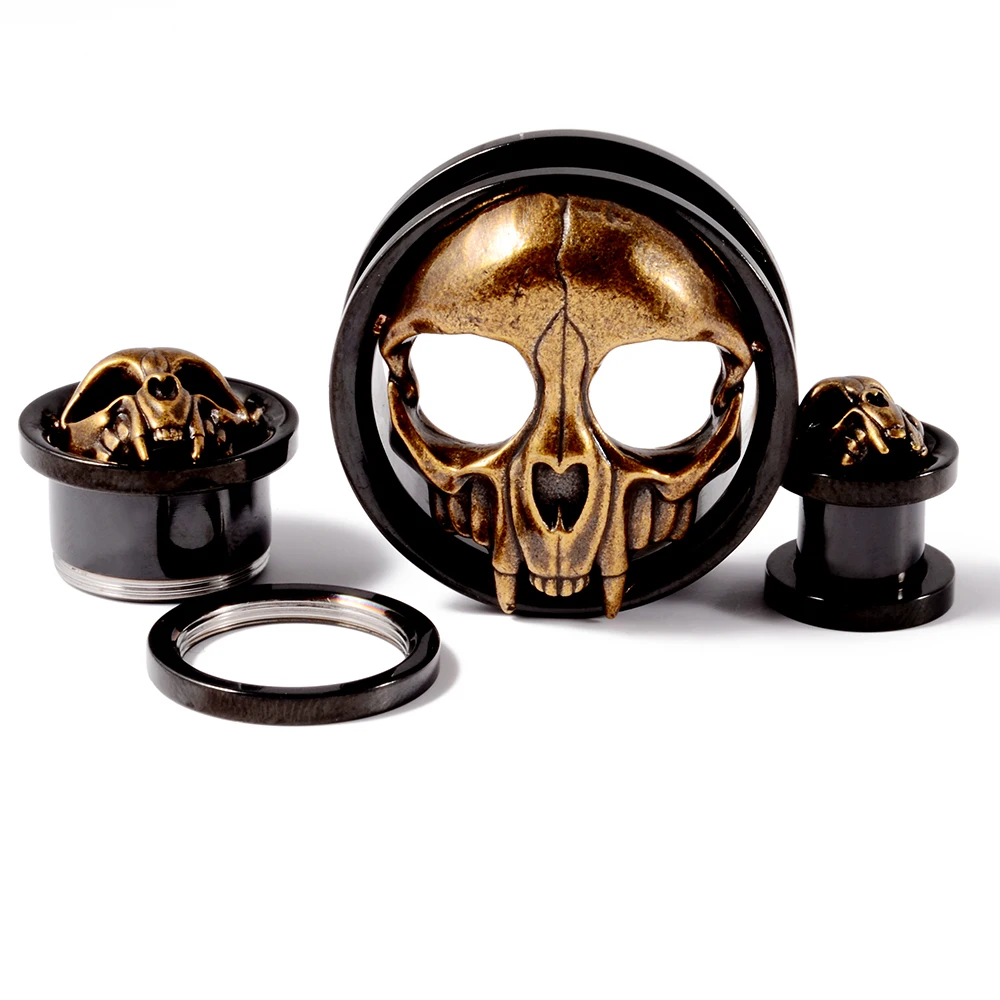 1 Pair Top Quality Stainless Steel Skull Ear Tunnels Plugs Expander Gauge Stretcher Earrings Screw Gauges Piercing Jewelry