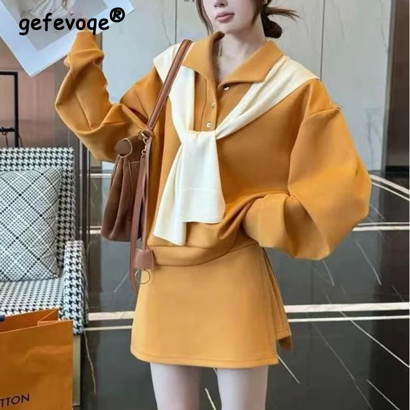 

Two Piece Set for Women Korean Polo Collar Long Sleeve Sweet Chic Sweatshirt Female Solid High Waist Slim Sports Sexy Mini Skirt