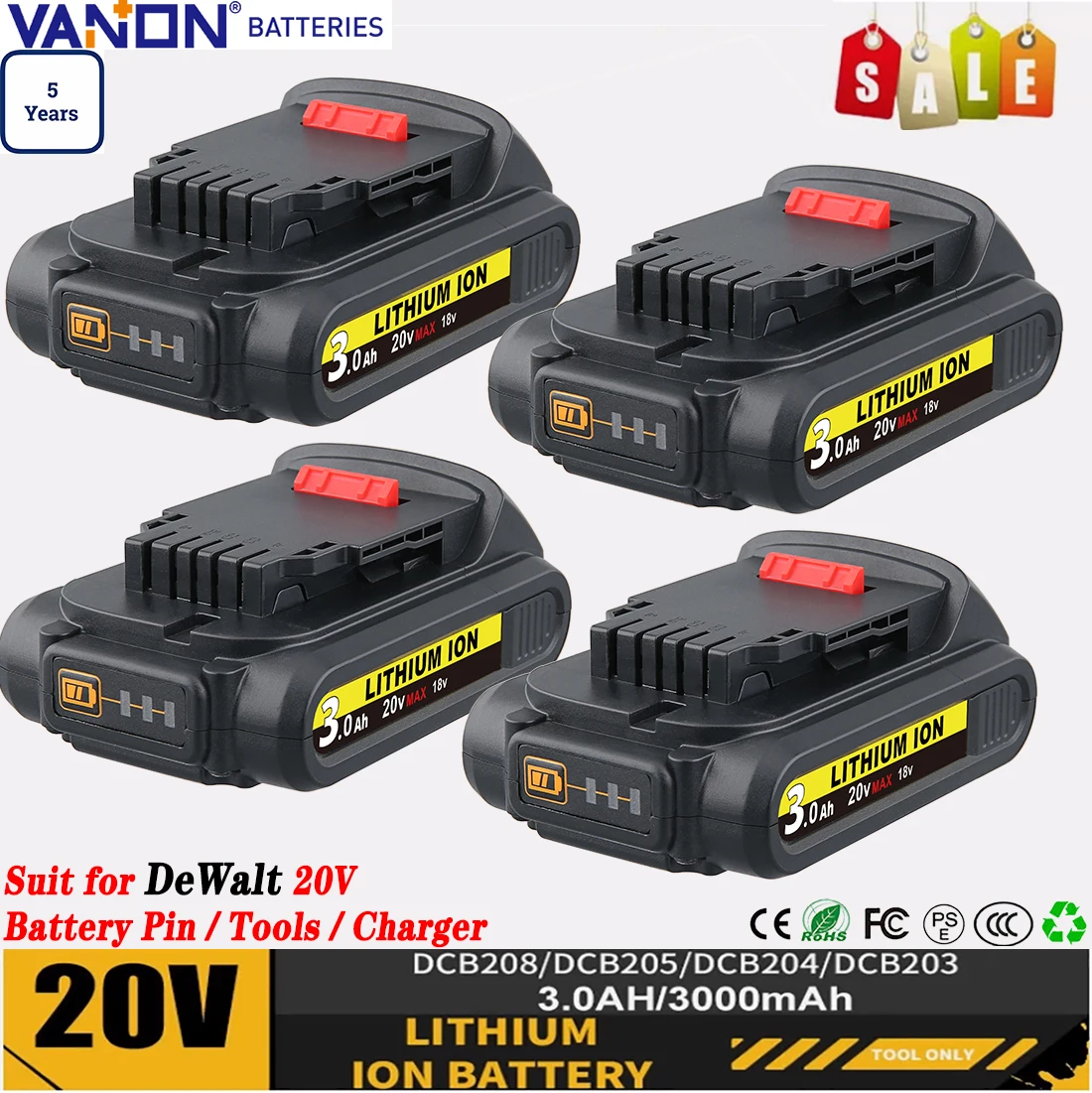 

VANON 1/2/4Pcs 3.0Ah DCB201 Li-on Replace for Dewalt 20V Battery Pin Compatible with Dewalt DCB204 DCB181 DCD/DCF/DCG/DCS Series