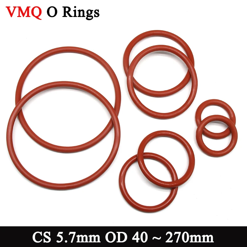 5Pcs Red Silicone VMQ O Ring Gasket CS 5.7mm OD 40 ~ 270mm Food Grade Washer Silicon Rubber Round O Shape Sealing Gaskets