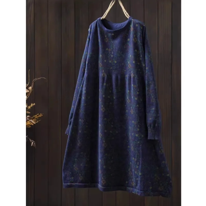 Abito primaverile in maglia di lana con stampa floreale retrò 2026 - Abito a trapezio di media lunghezza da donna (w1908)