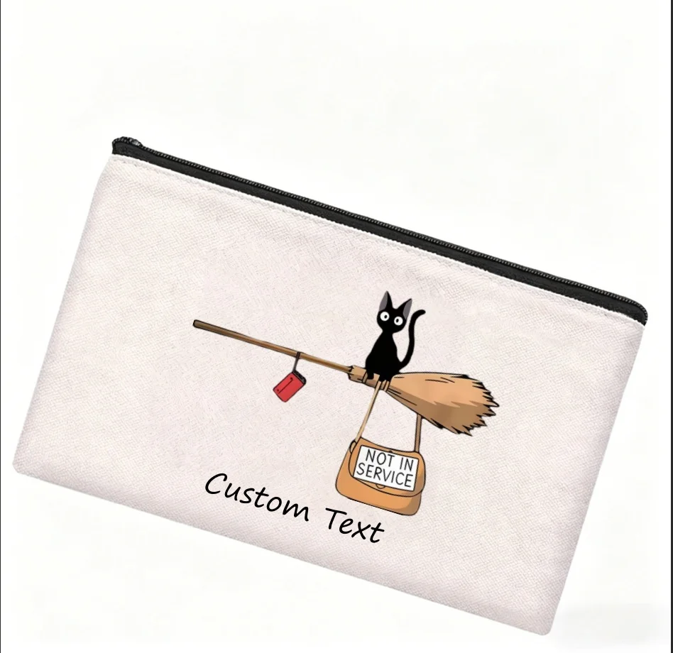 1PC Custom Text Funny Black Cat On Broomstick Cosmetic Pouch Not In Service Cartoon Zipper Canvas Makeup Storage Bag