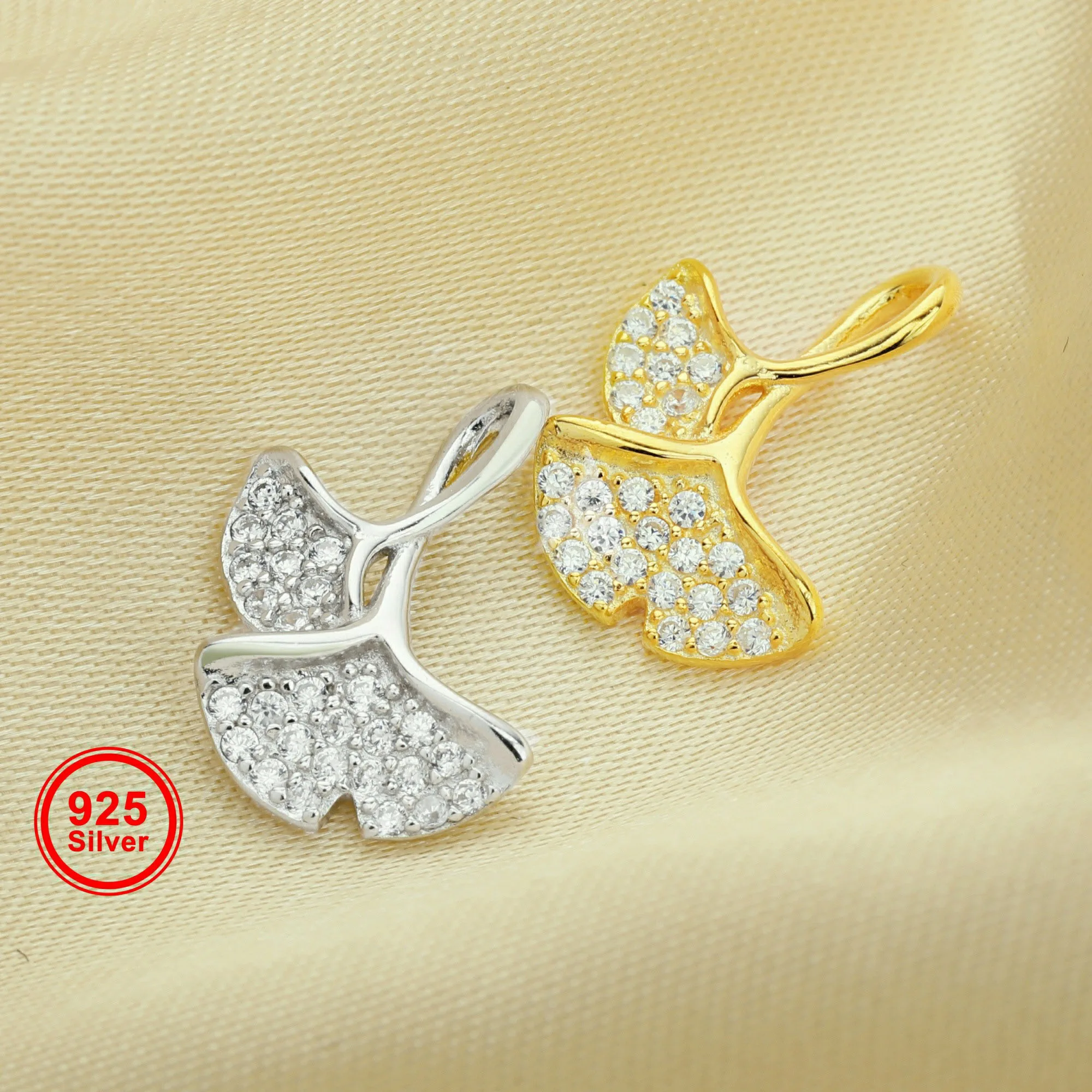 12MM Pave CZ Stone Ginkgo Biloba Leaf Charm,Solid 925 Sterling Silver Gold Plated Pendant Charm,DIY Charm Supplies 1431189