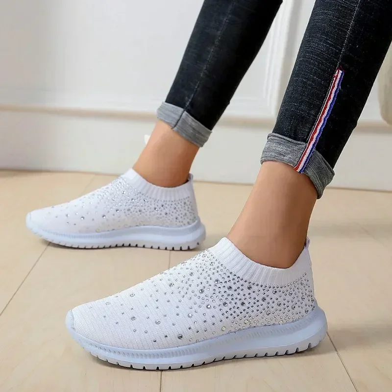 Women's Mesh Walking Shoes Rhinestone Glitter Slip on Ballroom Jazz Latin Dance Sock Sneakers Tennis Female Knitted Running Shoe