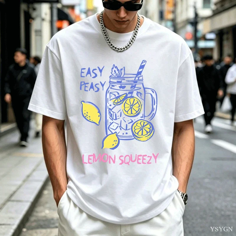 Easy Peasy Lemon Squeezy Graphic Men's T-Shirt Round Neck White T-Shirt Short Sleeve Summer Tee Trendy Cartoon Fruit T-Shirt Top