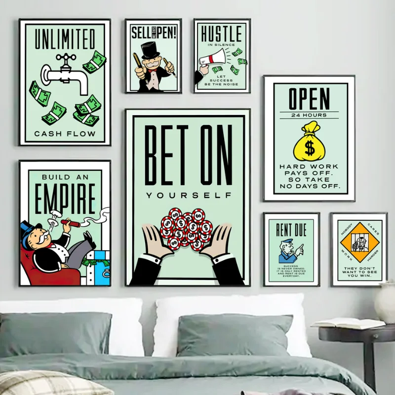 Monopoly Millionaire Dollar Money Poster Cartoon Figure Motivational Quote Canvas Painting Room Wall Art Picture For Home Decor