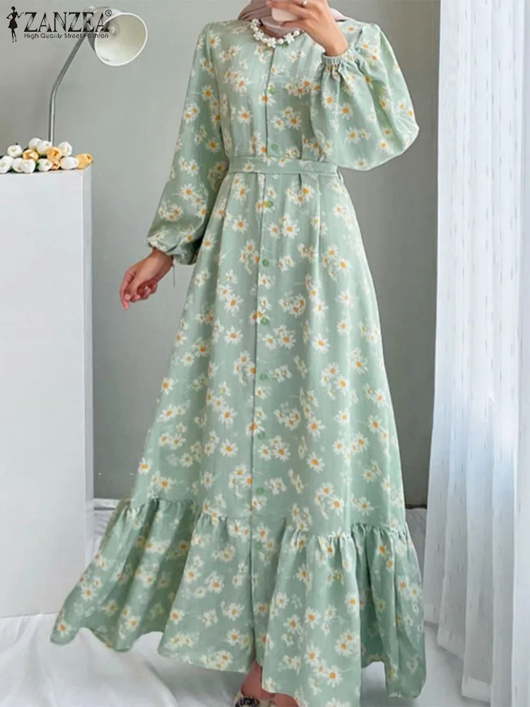 ZANZEA Muslim Long Dress Autumn Bohemian Floral Dresses Women Fashion Printed Abaya Oversize Robe Dubai Long Sleeve Vestidos