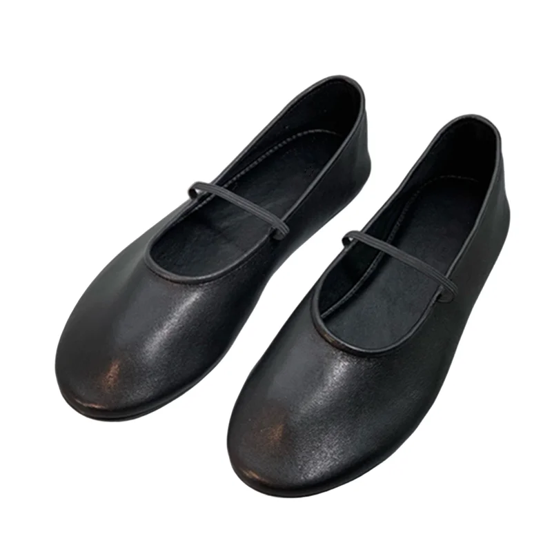 

Withered Minimalist Retro Round Toe Elegant Soft Ballet Flat Shoes French Commuting Leisure Lazy Genuine Leather Loafers Women