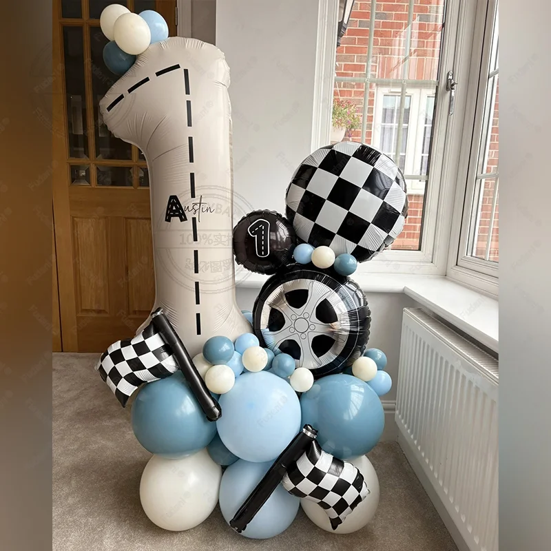 Ensemble de 52 ballons sur le thème des voitures de course, ballons en latex bleus et noirs, drapeau à carreaux, décoration de fête d'anniversaire, décoration de baby shower