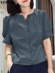 2023 VONDA Elegant Women Shirts Summer Short Sleeve Ruffled Blouses Buttons Tunic Tops Streetwear Casual Loose Blusas Femininas