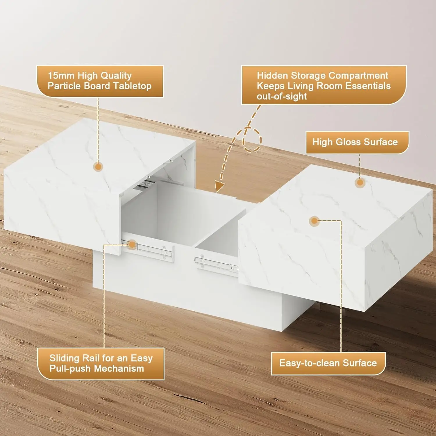 طاولة قهوة من الرخام الأبيض مع مساحة تخزين كبيرة، طاولة مركزية للمزرعة لغرفة المعيشة Mesas De Centro para Salas Modernas Nesting