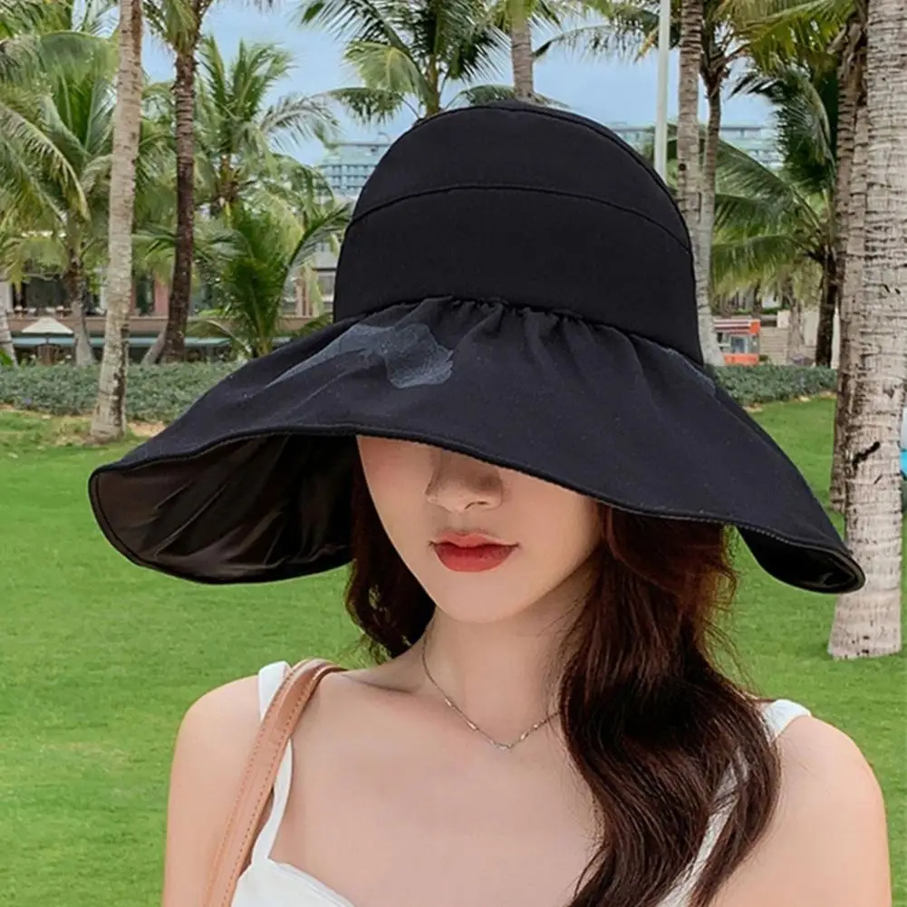 Summer Visor for Ponytails Women’s Wide Brim Sun Bucket Hat Foldable Breathable Beach Cap Summer Outdoor Travel Sun Protection