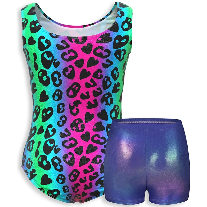 الفتيات 4 قطعة قميص قصير بلا أكمام الباليه الرقص ثياب لفتاة الجمباز الرقص تراجع وتتسابق مع مطابقة السراويل العصابات الشعر #2