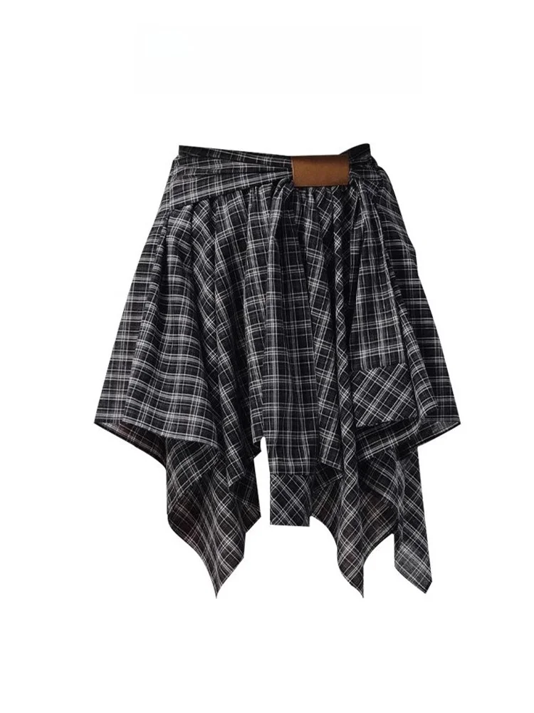 Saia xadrez preta e branca evasê feminina verão novo design bainha assimétrica viajante vintage patchwork cintura alta...