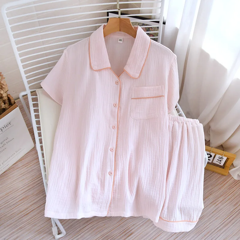 2024 New Japanese Summer Pajama Set 100% Cotton Crepe Woven Short Sleeve Shorts Ladies Thin Cardigan Home Furnishing Sleepwear