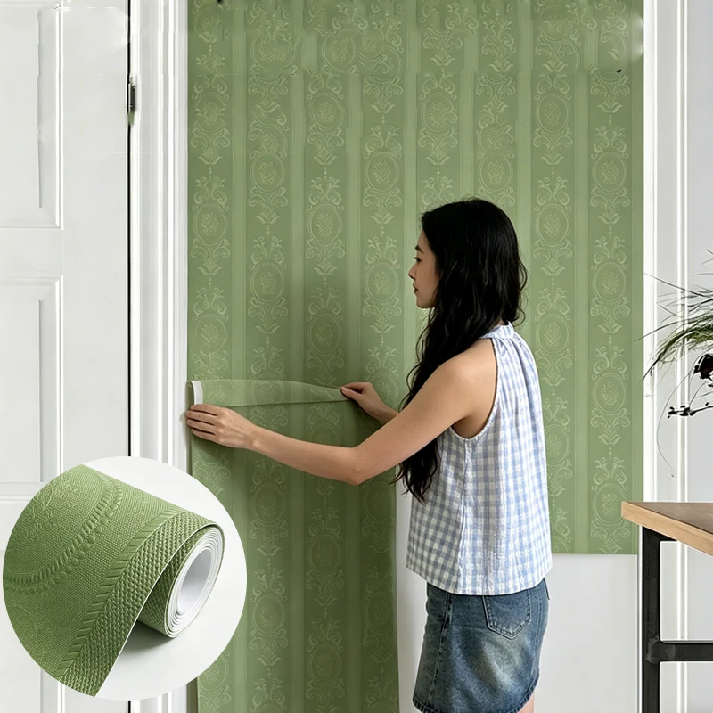 44×300cm Green Vintage Stripe Peel And Stick Wallpaper Self Adhesive Removable Waterproof Contact Paper For Bedroom Home Wall De