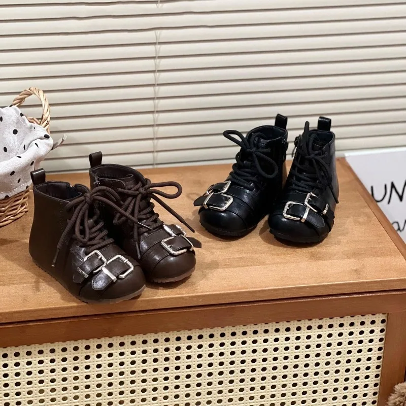 Kids Short Boots Korean Style Versatile Girls Leather Boots Round Toes Sweet 2026 Autumn Winter Children Casual Boots Non-slip