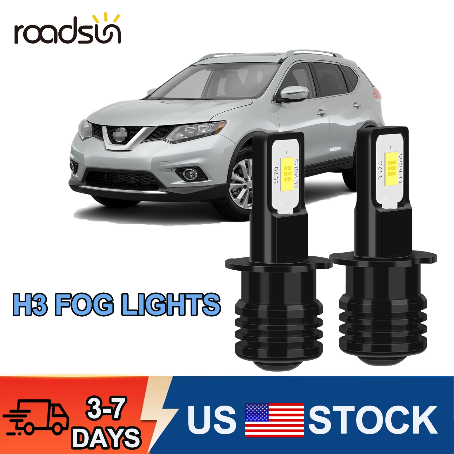 roadsun 2Pcs H3 Led Fog Lights Bulbs 6000K Super White 10000LM DRL Daytime Running Lamp for Car Automotive DC12V