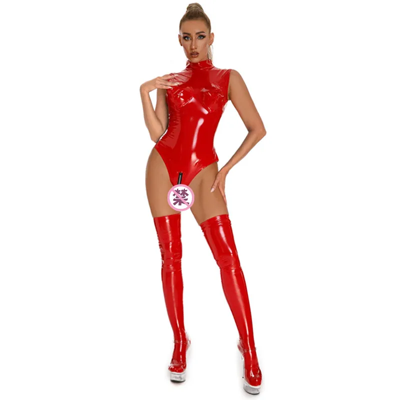 Sexy Sleeveless Slim Women Wetlook PVC Faux Leather Bodysuit Jumpsuit Front Zipper Open Crotch PU Latex Erotic Lingerie Catsuit