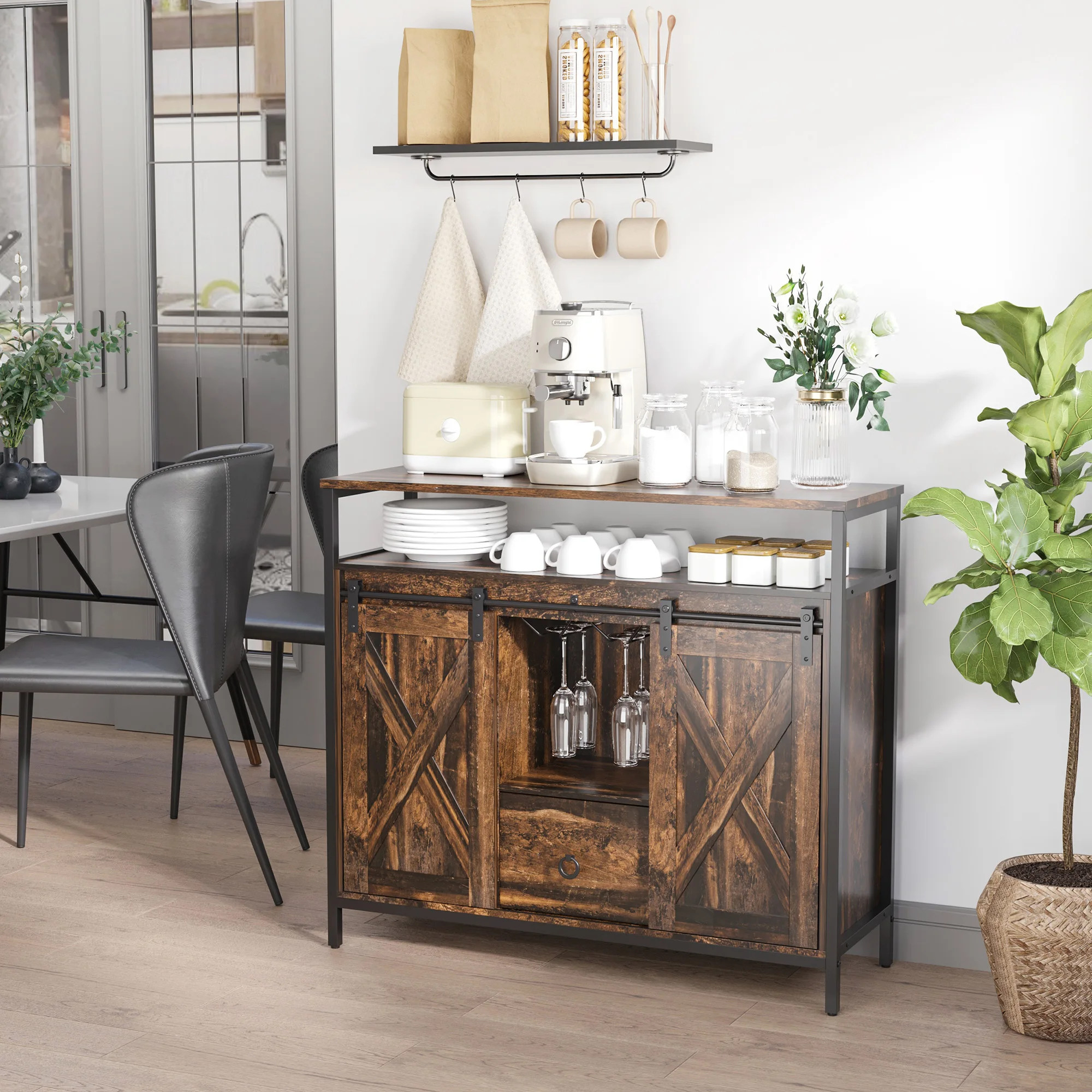 

Industrial Wooden Sideboard, Buffet Cabinet with Drawer, Stemware, Rustic Brown