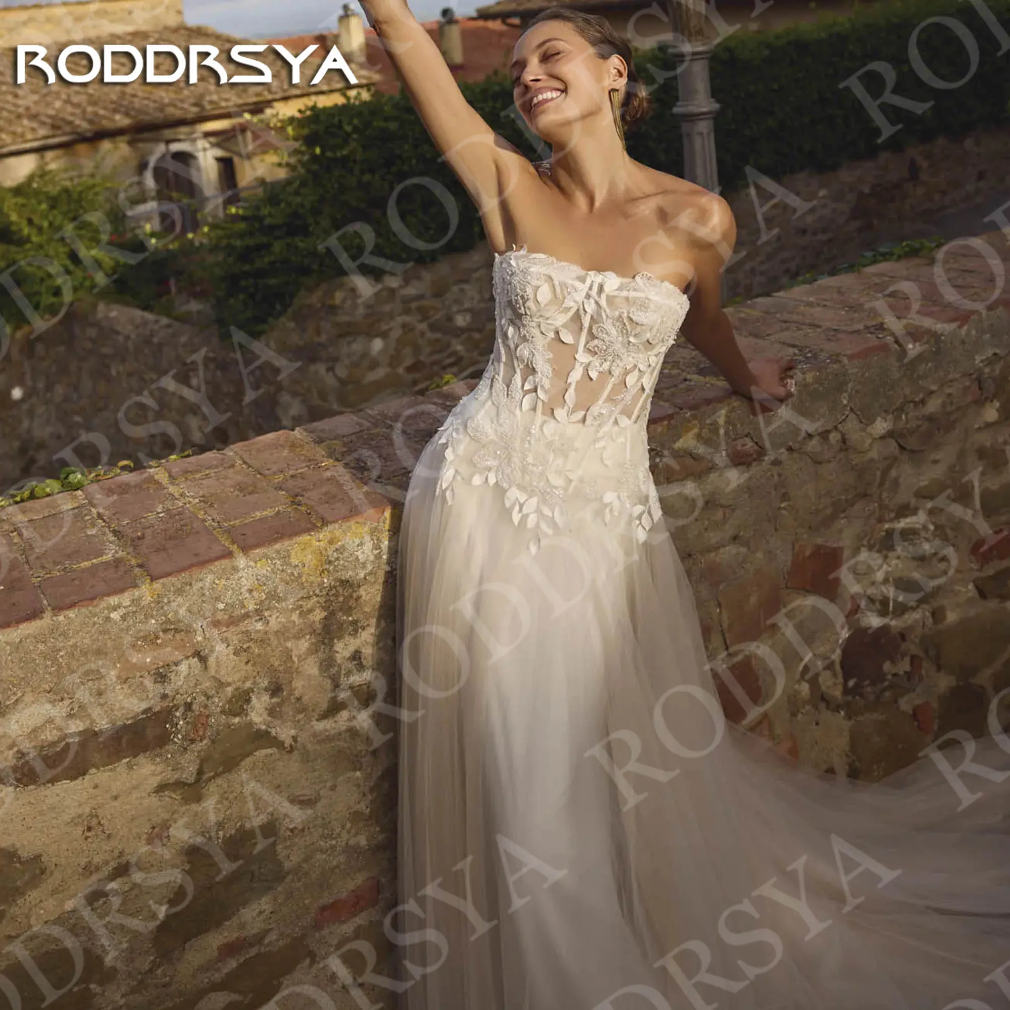 Roddrsya elegante uma linha vestidos de casamento rendas apliques sem alças sem mangas vestido de noiva romântico personalizado Elegante uma linha vestidos de noiva Lace Appliques Strapless mangas vestido de noiva româ