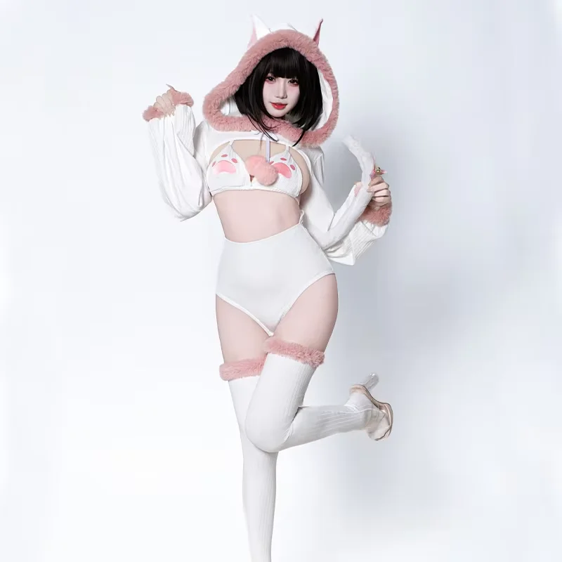 

XXOO оригинальный японский милый комплект для косплея в стиле Лолиты для девочек, женский комплект Kawaii, бикини с кошачьей лапой и боди с капюшоном, фотосессия, Хэллоуин