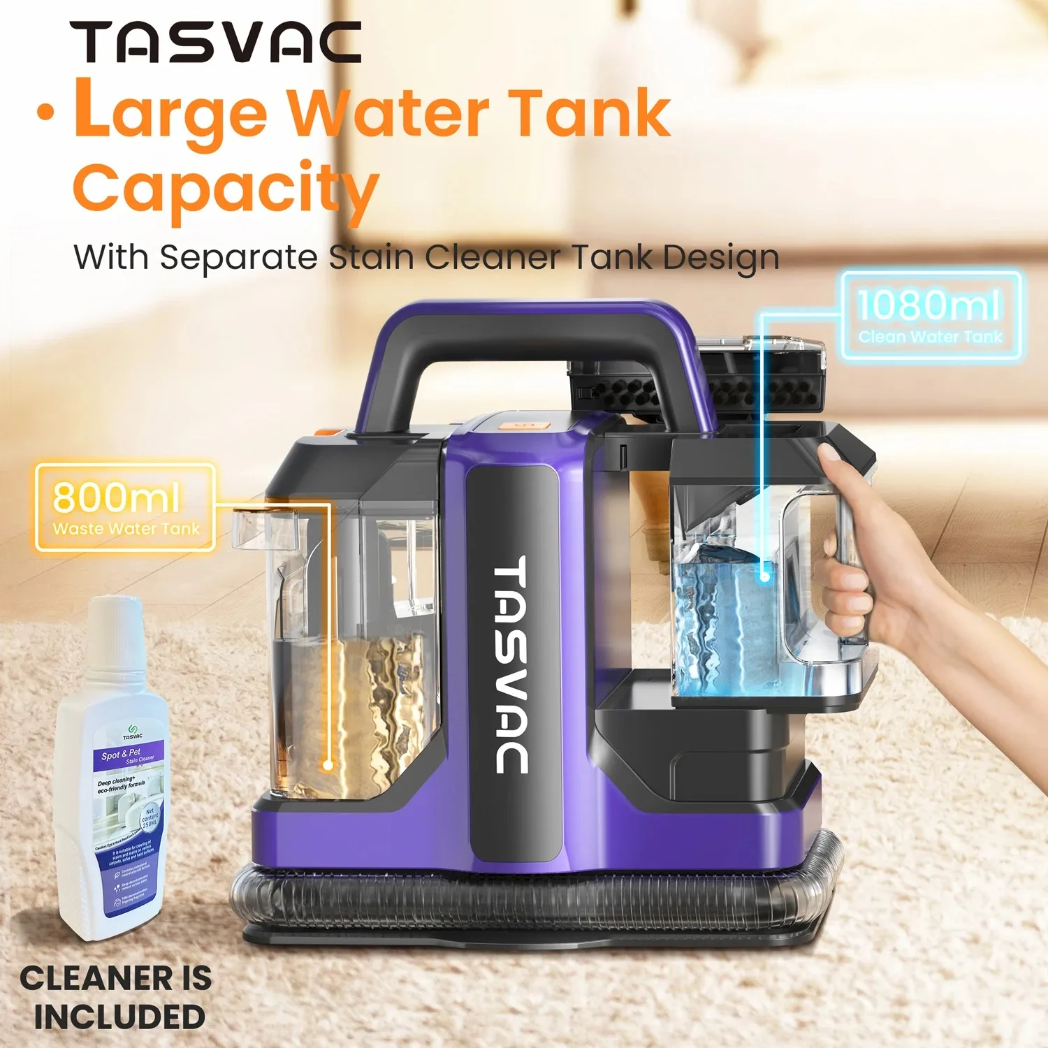 TASVAC C7 Portable Carpet Upholstery Cleaner Machine Spot Stain Deep Cleaner 450W motor Powerful Suction With Two-Brush for Pets
