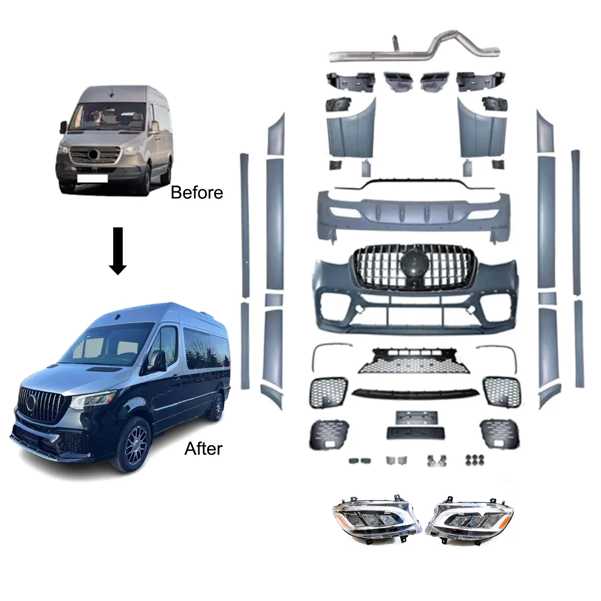 Modification bumpers body kit with Headlights for Mercedes Benz Sprinter W907 2018-  to 2024 AMG.