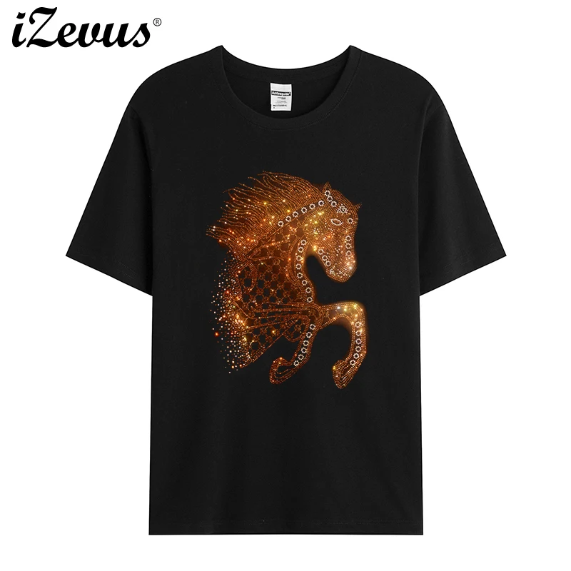 Hot sale high quality men's summer short-sleeved cotton casual T-shirt shiny horse drill T-shirt loose comfortable