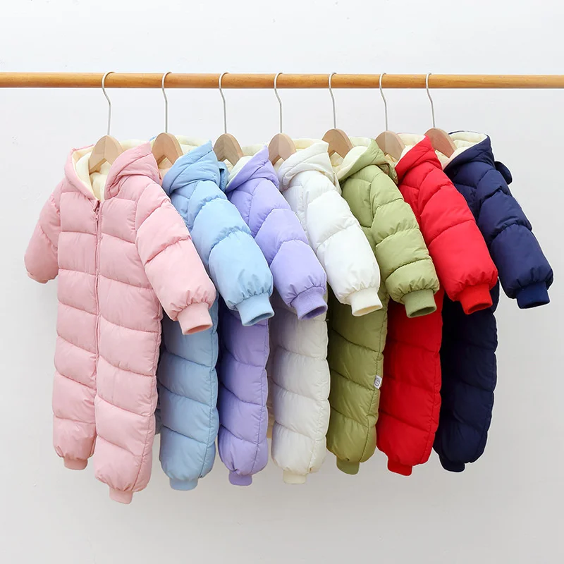 Baby Down Jumpsuits Newborn Kids Winter Warm Thick Plush Hooded Overalls Children Daily Outdoor Comfortable Thermal Overalls