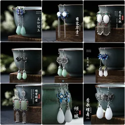 Vintage Chinese Jade Pendant Earrings for Women Ancient Silver Color Retro Palace Style Luxury Jewelry Flower Shaped Ornaments