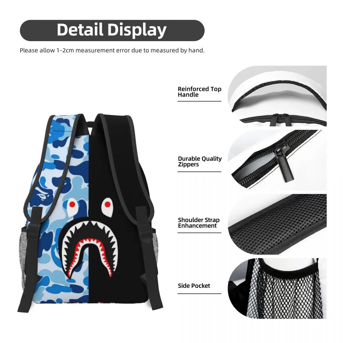 Shark Half Blue Half Black Printed Lightweight Casual Schoolbag For School, Outdoor, Shopping, Office