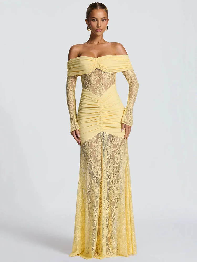 Articat elegante manga longa malha renda retalhos bodycon vestido feminino sexy fora do ombro sheer festa clube formal vestido de noite