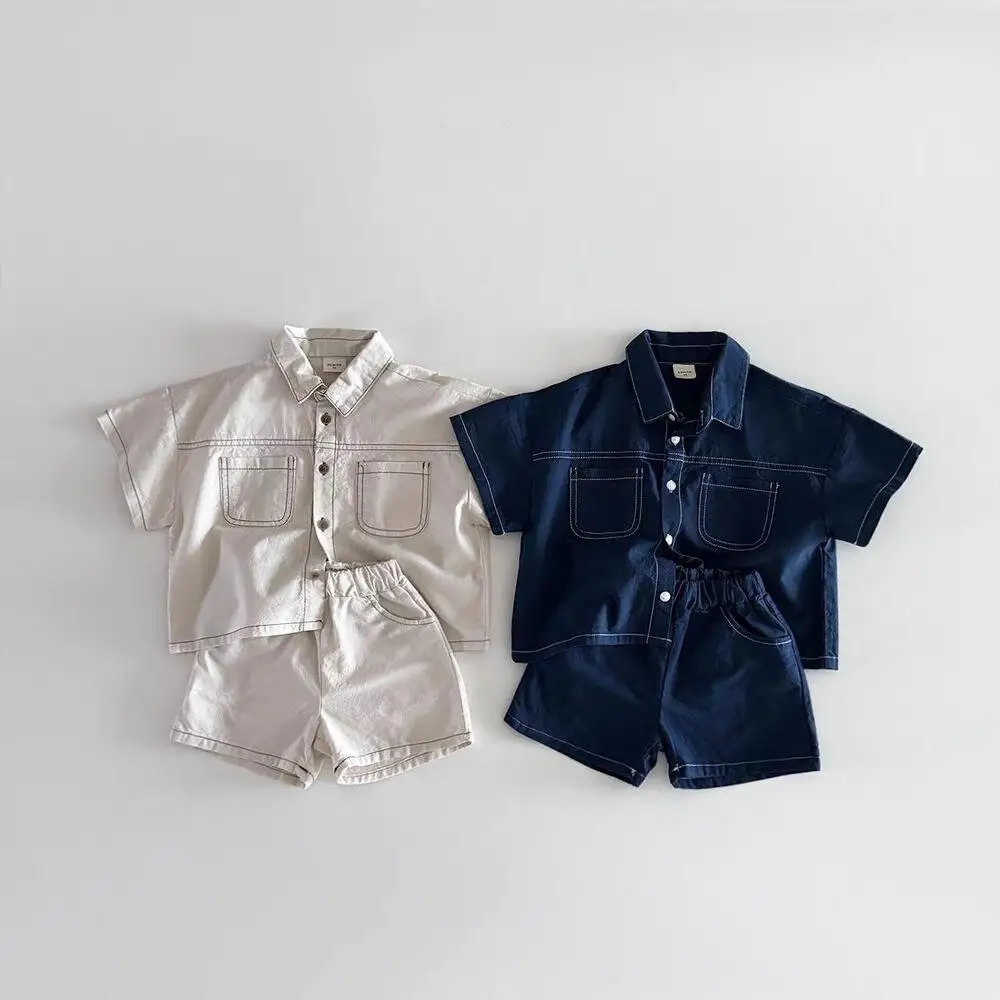 2025 Summer New Baby Short Sleeve Clothes Set Boys Fashion Lapel Denim Shirts + Shorts 2pcs Suit Kids Girls Solid Casual Set
